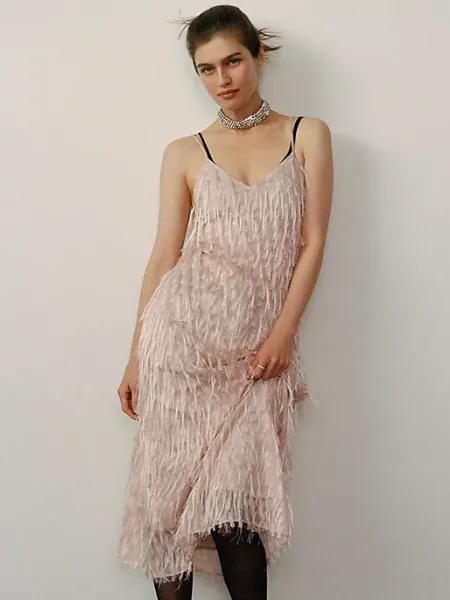 En Saison Lorelai Faux Feather Fringe Midi Dress